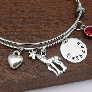 Giraffe name bracelet gift, giraffe jewellery, bangle, personalised giraffe gift, birthstone, customised name, word, text
