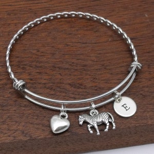 Zebra bracelet gift, zebra jewellery, zebra bangle, personalised zebra gift, customised initial, letter image 2