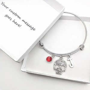 Sugar Skull bracelet gift, skull jewellery, bangle, personalised gift with initial and birthstone