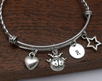 Ladybird bracelet gift, ladybug bracelet, ladybird jewellery, ladybug jewellery, gift for friend, personalised, initial, heart