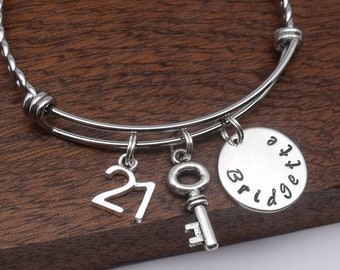 21st name bracelet, personalised 21st jewellery, 21st birthday gift, age 21, bangle, 21st key bracelet, customised name
