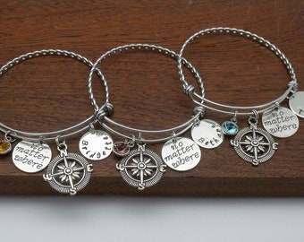 Set of 3 three distance compass name friendship bracelets, no matter where, personalised gift for friend, going away, sister, birthstone