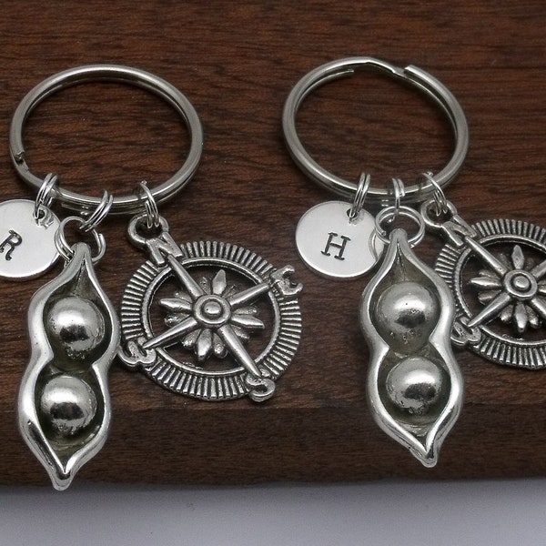 2 (two) peas in a pod compass keyring set gift, set of 2 peas in a pod keychains, couples keyring gift, best friend, friendship, initial