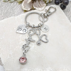 Vet keyring gift, vet nurse personalised keychain, veterinary gift for graduate, student, initial letter, birthstone