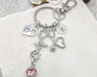 Vet keyring gift, vet nurse personalised keychain, veterinary gift for graduate, student, initial letter, birthstone