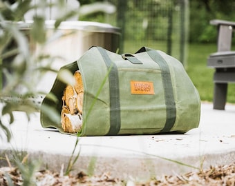 Firewood Carrier Sling w/ Buckle Closure and Pocket, Handle Grip Waxed Canvas