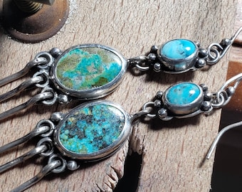 Gorgeous mixed turquoise long dangle earrings. Handcrafted 925 Kingman and Sonoran turquoise dangles. Heirloom earrings for everyday wear.