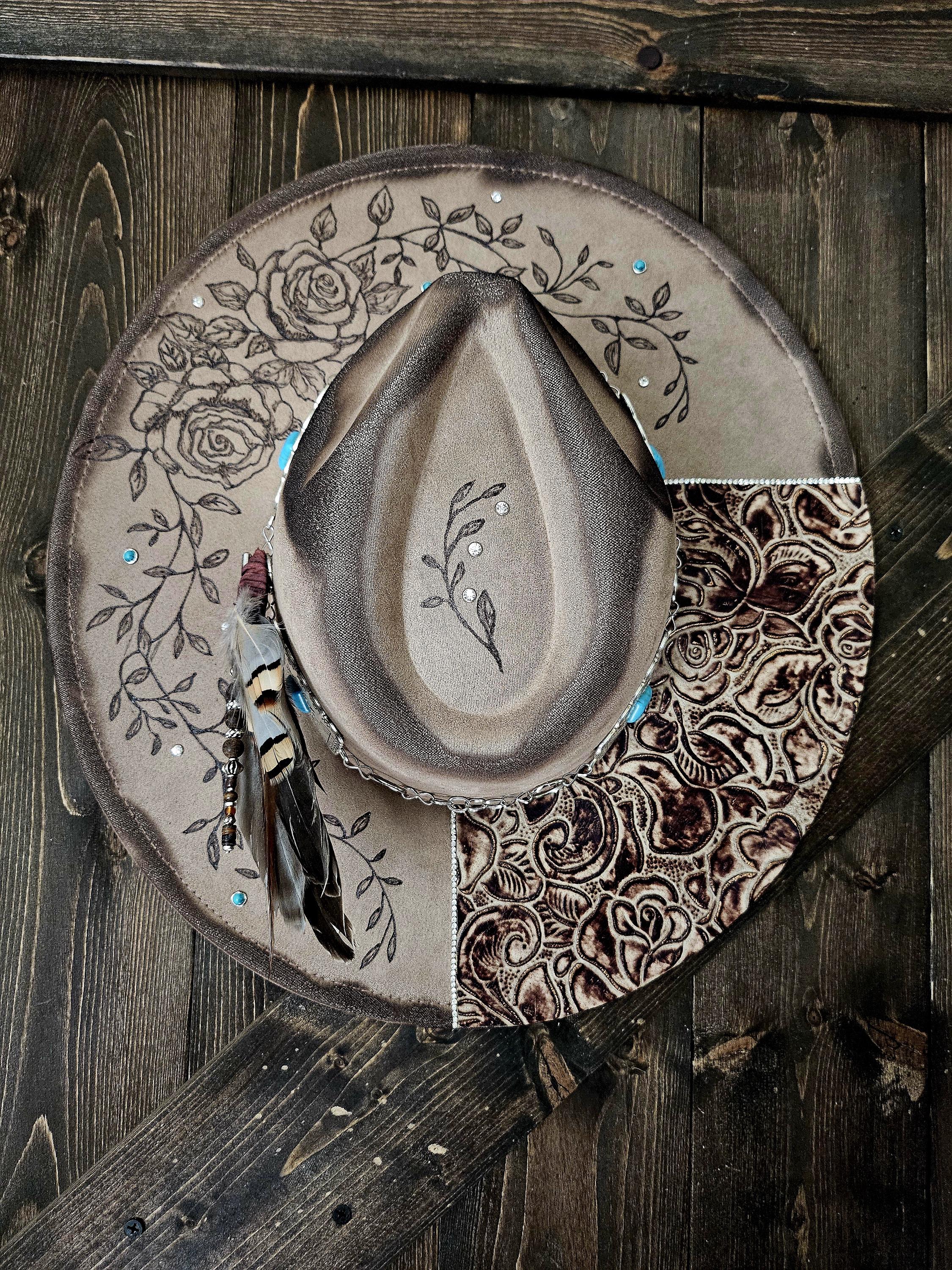 NWT Taupe Hand Burned Dark Fedora Cowboy Hat With Genuine Leather Grey suede hand burned pretty little poison flat brim  main image 2