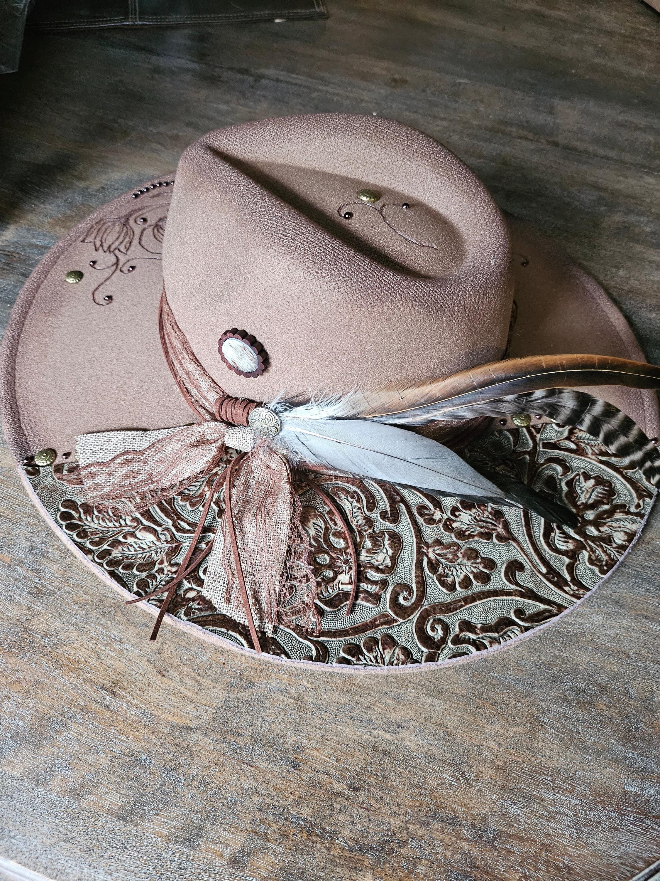 Western Fedora Cowboy Hat in Dark Taupe and Hand Burned 