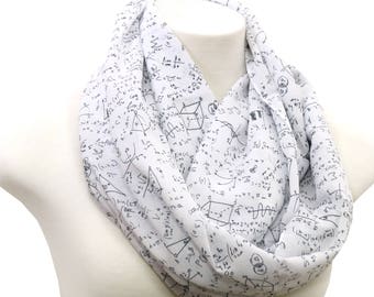 White Mathematics Pattern Infinity Scarf Print Scarf Women math scarf Summer Fall math Scarf Gift for her engineer scientist teacher nerd