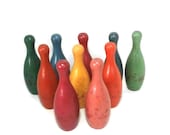 Wood Bowling Pin Set of 10 Small Vintage Wooden Bowling Pins Collectible Wood Toy 5 quot High Bowling Pins Ten Mini Colored Old Game Pins