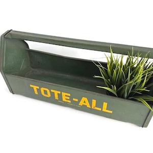 May include: A green metal tool box with a handle and the words "TOTE-ALL" in yellow lettering. The box contains green, leafy plants. The tool box is empty and ready to be filled.