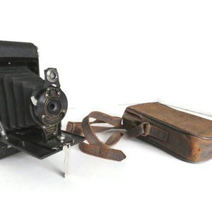 Vintage Kodak No. 2 Folding Cartridge Premo Camera With Well-Worn Leather Carrying Case Old Collectible Black Camera with Bellows