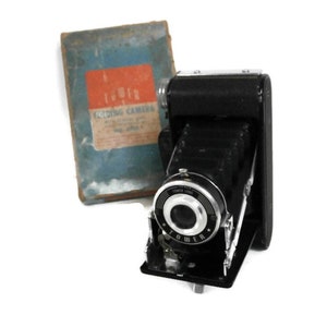 Vintage Collectible Camera | Folding Tower No. 6250 Camera | Black Folding Camera with Bellows | Original Camera Box and Instruction Manual