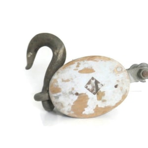 Vintage Gray Pulley | Old Wood Rustic Pulley w/Metal Hook & Wheel | Large Wooden Industrial Salvage Pulley | Decor Display Photo Prop Pulley