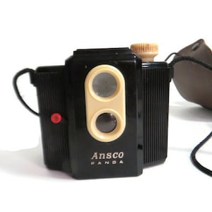 Vintage Ansco PANDA Camera in Carry Case Black Bakelite Box Camera Art Deco Style Collectible Small Molded Plastic Camera