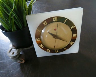 Vintage Telechron Electric Clock - White Onyx Marble Square Clock Model No.4F55 - Old Working Art Deco Style Clock with Roman Numerals