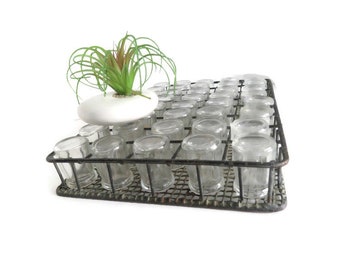 Vintage Metal Carrier with Little Bottles | 40 Mini Vintage Dairy Milk/Creamer Jars w/Wire Caddy Holder Unique Old Tiny Testing glass jars