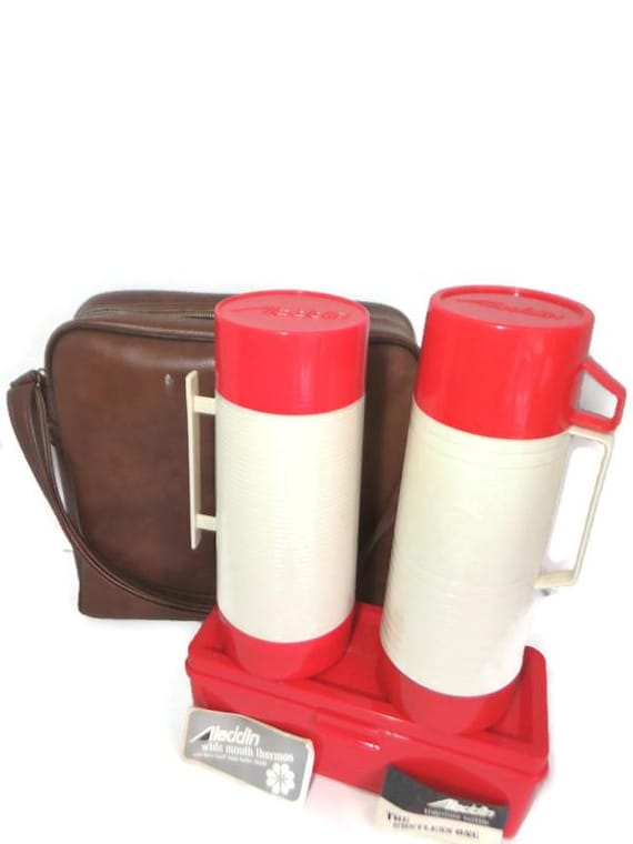 Vintage Aladdin Dual Thermos Picnic Set  Brown Vinyl Tote, Red Lunch Case