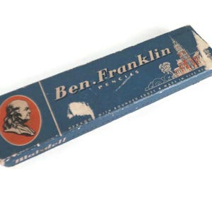 Vintage Blaisdell Pencil Co. Collectible Ben. Franklin Pencils Box Old Cardboard Pencil Box with Graphics 12 Assorted Pencils Included
