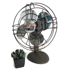 Vintage Victor Miracle-Breeze Fan Model FS10QX Industrial Style Cast Iron Base Dark Brown Working Fan Victor Electric Co.