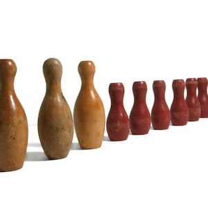 Small Vintage Wooden Bowling Pins | 10 Collectible Wood Toy Bowling Pins | Ten Mini Old Game Pin Decor Photo Props | Natural & Red Wood Pins