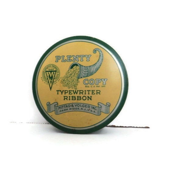 Vintage Typewriter Ribbon Tin | 'Plenty Copy" Mittag & Volger, Inc. Small Round Can | Green-Yellow-Silver Horn of Plenty Collectible TIN