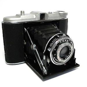 Vintage AGFA Jsolette Camera with Leather Carrying Case 1937 Black Horizontal Folding Bellows Camera Collectible Agfa Black & Chrome Camera