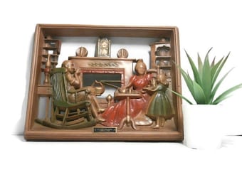Vintage 1970&#39;s Burwood Products Co USA Plaque &quot;At the Hearth Circa 1749&quot;  Burwood  Old Wall Hanging of Family Life Picture
