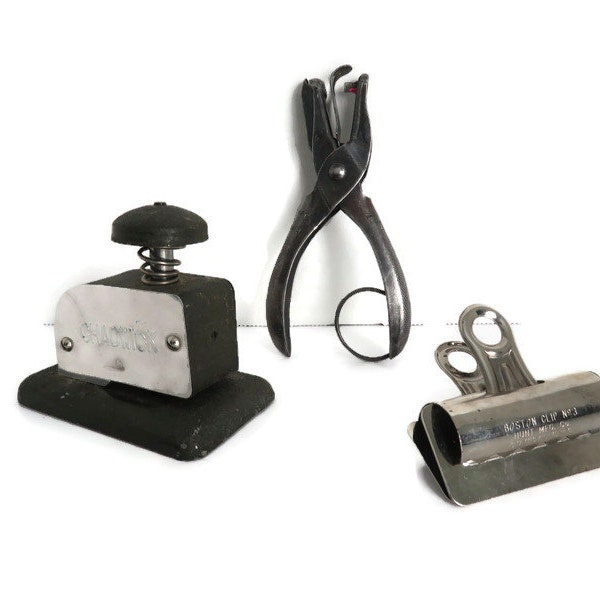 Vintage Office Small Industrial Tools | Chadwick Hole Punch - McGill M.P. Co. Heart Punch - Boston Clip No. 3 | Assorted Old Office Decor