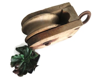 Vintage STARLINE Wooden Pulley | Old Rustic Primitive Wood Farm Tool | Industrial Salvage Pulley | Decor Display Photo Prop Pulley