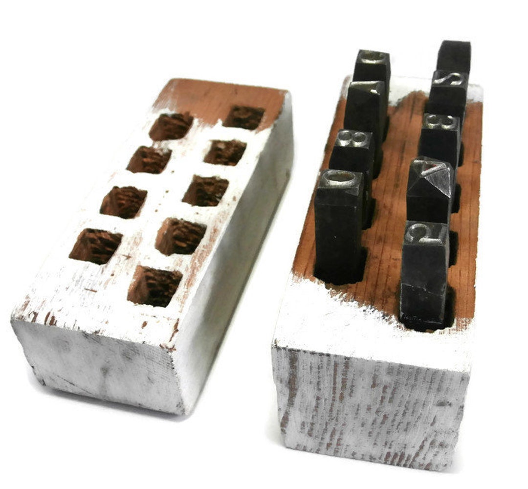 Vintage Steel Number Stamps 1/4 Punches in Wood Holder Nine Piece Punch