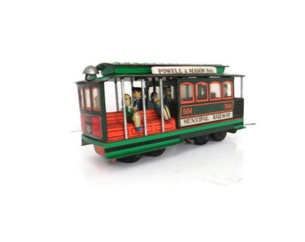 Vintage Collectible Toy Tin Litho Trolley Street Car #405 Made In Japan Friction Toy Tram with Tin People Figures Municipal Railway