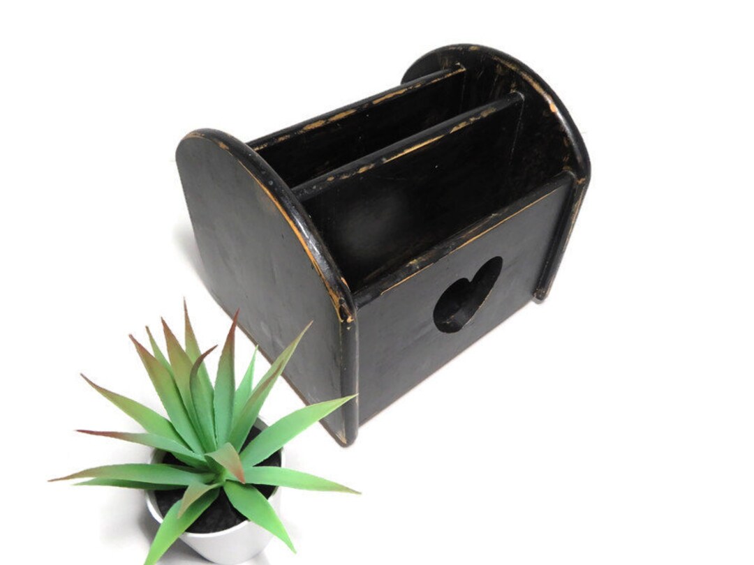 Vintage Wooden Lazy Susan Napkin Holder 1980's Heart Cutout Desk Caddy Organizer Letter Holder