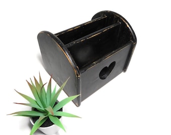 Vintage Wooden Lazy Susan Napkin Holder 1980&#39;s Heart Cutout Desk Caddy Organizer Letter Holder Distressed Black Napkin Wedding Centerpiece