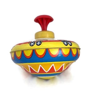 Vintage Ohio Art Tin Litho Spinning Top Circus Train Graphics Collectible Primary Colors; Blue-Yellow-Red Pump and Spin Toy Top