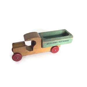 Vintage Wood Toy Truck - Old Green/Yellow/Red Wooden Toy &#39;Building Material&#39; Vehicle  - Collectible Push Vehicle - Display Decor Photo Prop