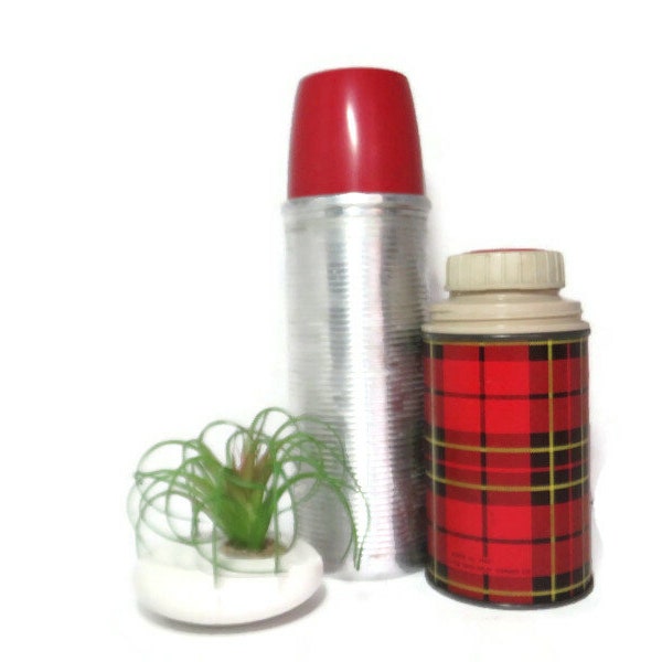 Vintage Thermos Decor Display | Two Vacuum Bottle Collection | 2 Old 'Thermos' Brand Bottles Ridged Aluminum and Black-Red Plaid