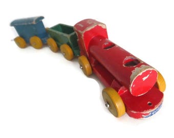 Vintage "Nicoltoys" Wooden Toy Train Set Made in England 3 Pieces Wood Engine with Interlock Connecting Cars Authentically Worn Collectibles