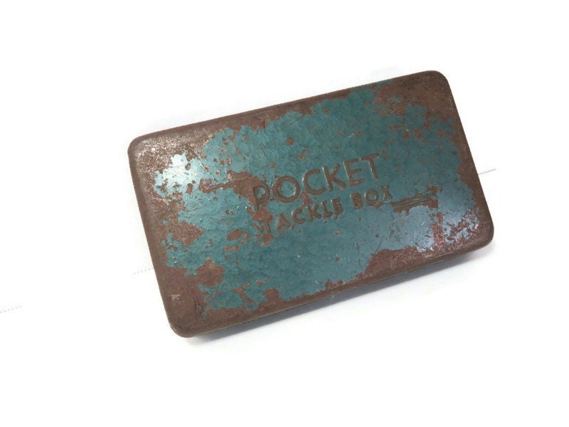 Vintage Pocket Tackle Box Small Old Mini Rusty Fishing Lure Container Teal  Green Metal Little Storage Box With Attached Lid 