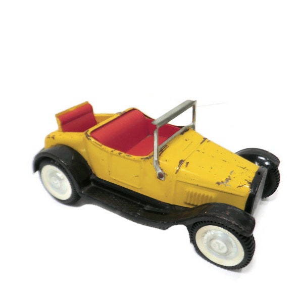 Vintage Nylint Toys 1960's Model "T" Roadster Car Old Metal Yellow Convertible with Red Rumble Seat and Fold-down Windshield Made in USA