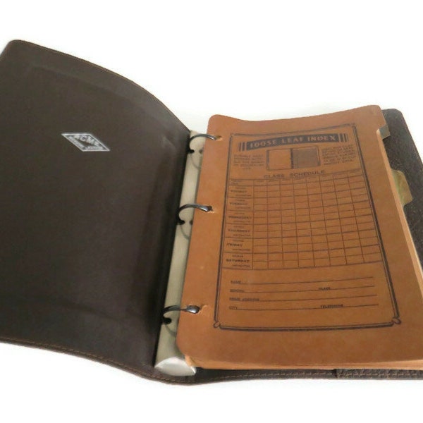 Vintage ACME Leather 3-Ring Notebook Old Brown Pebbled Genuine Leather 10" Office/School Notebook with Vintage Loose Leaf Index