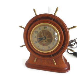 Vintage Seth Thomas 1940&#39;s Nautical Ships Wheel Clock Old  Electric Wood & Brass Shelf/Mantel/Table Clock Model E006-004