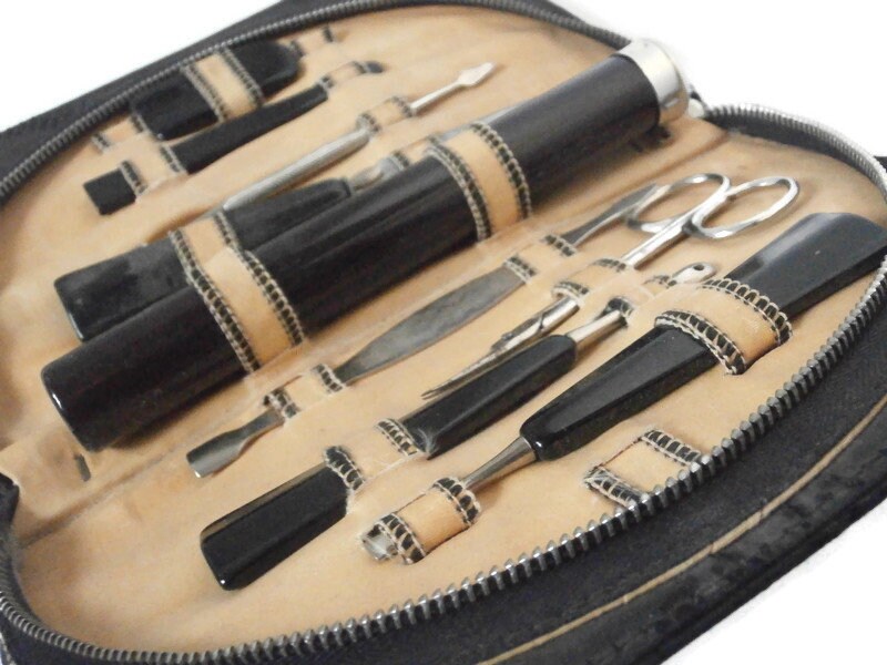 Vintage Manicure Pedicure Set Nail Kit in Black Zippered Travel Case