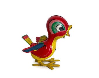 Vintage Windup Tin Litho Toy Bird, Made in Japan
