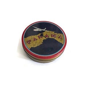 Vintage &#39;PANAMA&#39; Typewriter Ribbon Tin | Manifold Supplies Co. Brooklyn NY USA Small Round Can with Graphics Collectible Tin