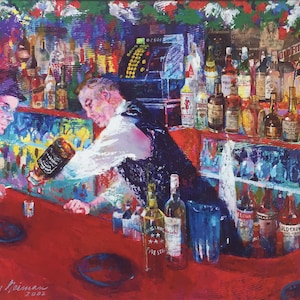 May include: A painting of a bar scene with two men, one pouring a drink from a bottle. The bar is lined with bottles of liquor and the counter is red. The painting is signed Leroy Neiman 2002.