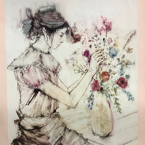 Susan Sahall &quot;Young Woman with Flowers&quot; Hand Signed Offset Lithograph Art