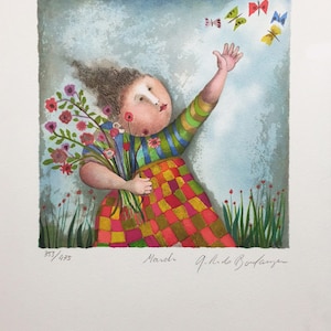 May include: A watercolor painting of a person with a colorful dress and a bouquet of flowers, reaching up towards a group of butterflies in the sky. The painting is titled "March" and signed "G.R. Borlenghi" with the number "353/475".