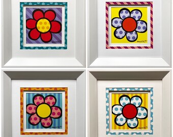 Romero Britto FRAMED "Flower Power" WHITE Custom Framed Art Full Set Of 4 Prints